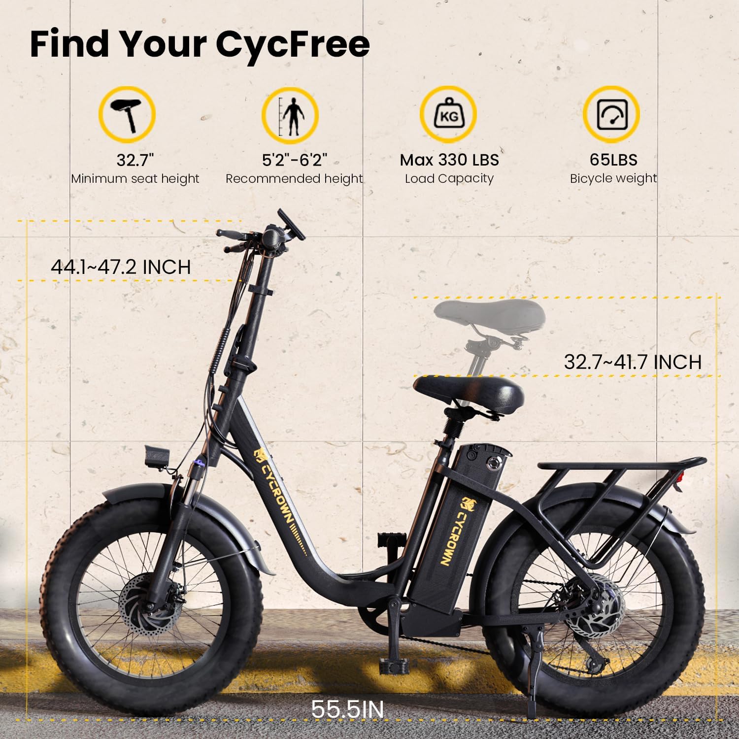 CYCROWN Free 20" Step-Thru Fat Tire All-Terrain Electric Bike 1000W Peak Motor 48V 15.6Ah Battery