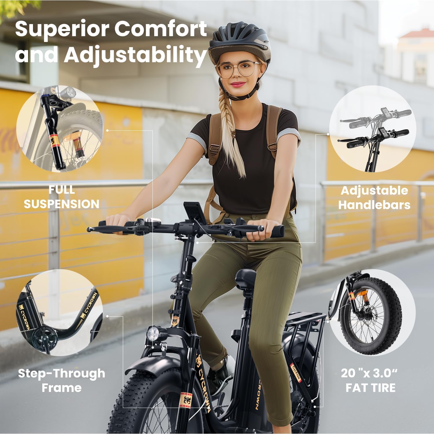 CYCROWN Free 20" Step-Thru Fat Tire All-Terrain Electric Bike 1000W Peak Motor 48V 15.6Ah Battery