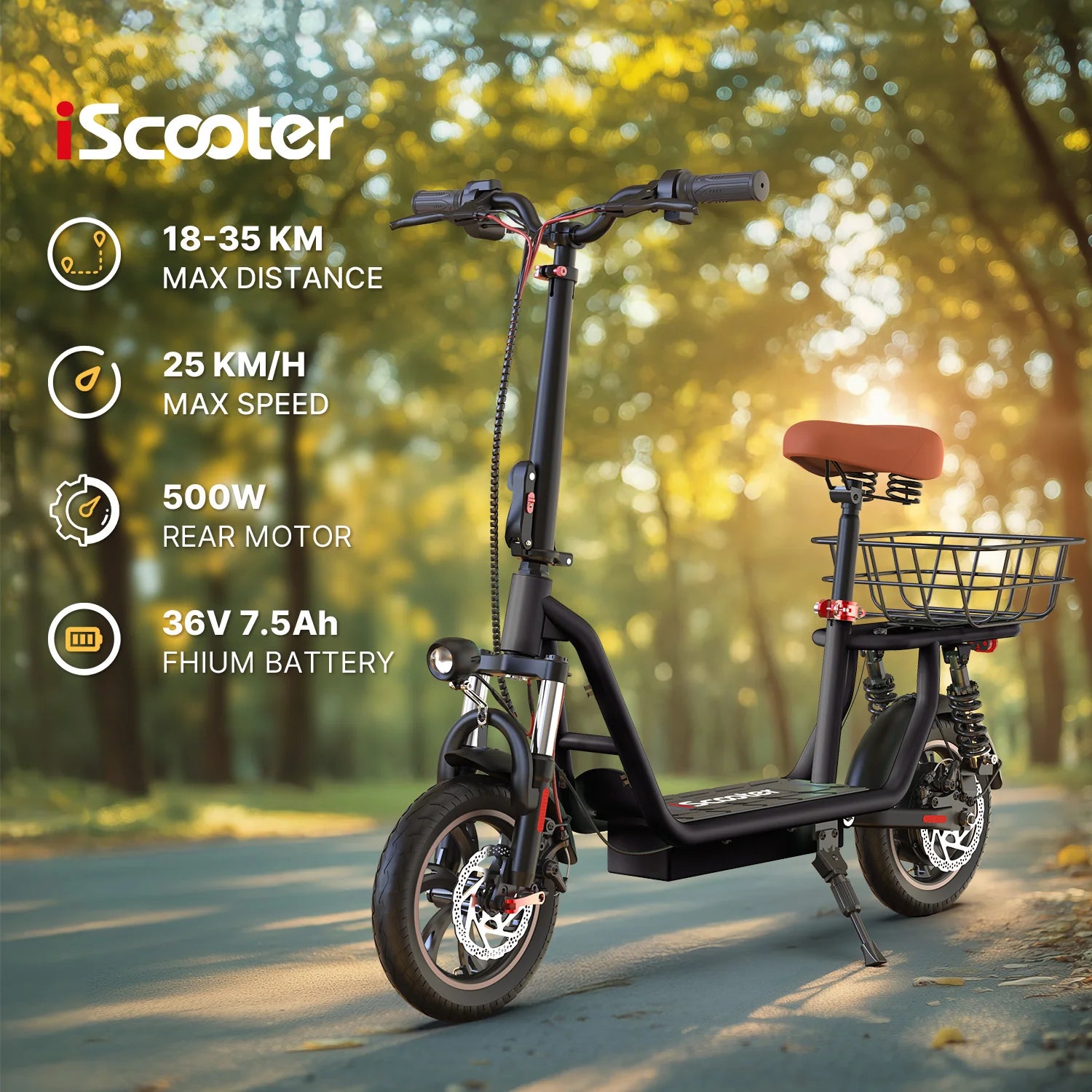 iScooter i12 500W Electric Scooter with Seat & Basket 25KMH