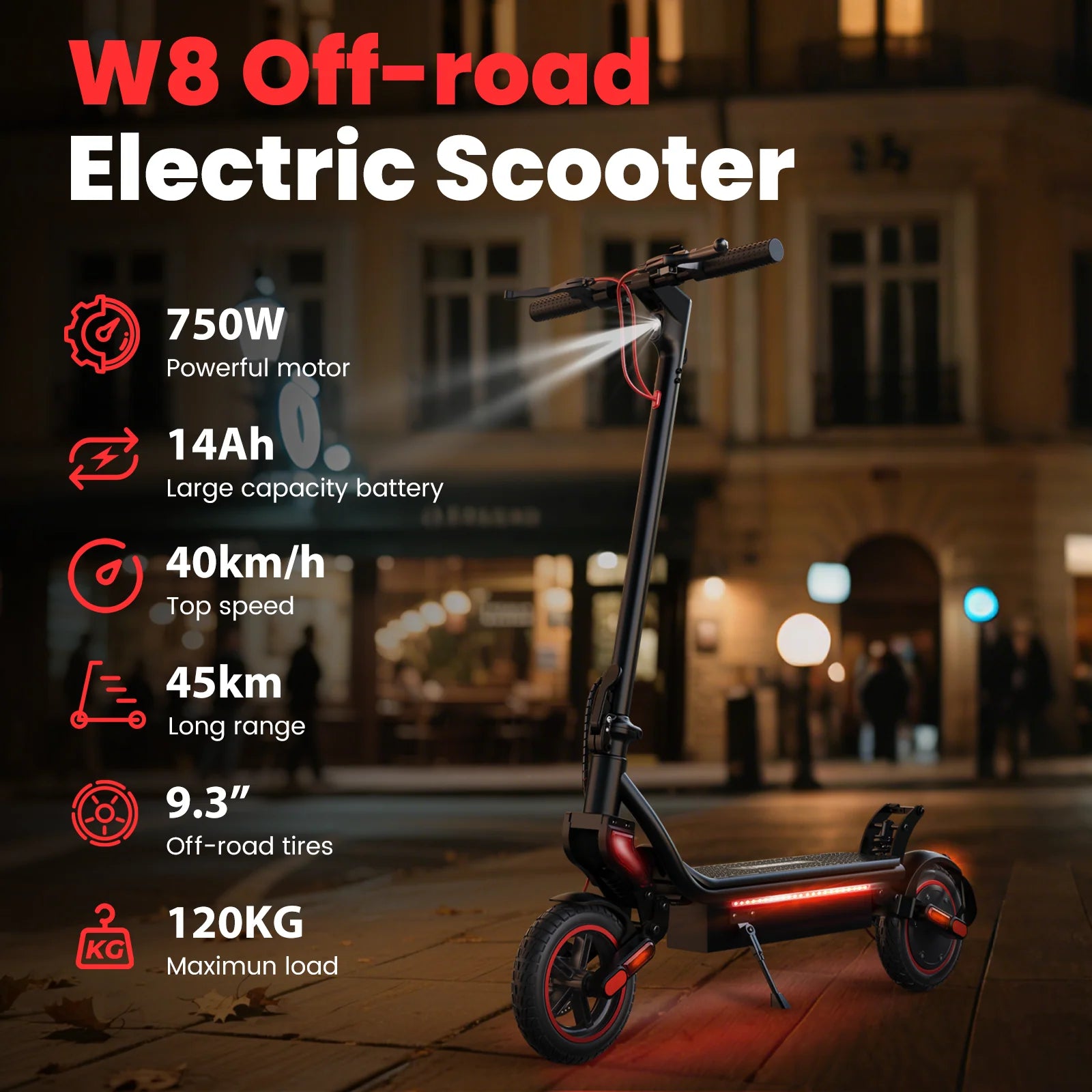 iScooter W8 750W Off Road Electric Scooter 9.3-Inch Pneumatic Tire 45 KM Long Range